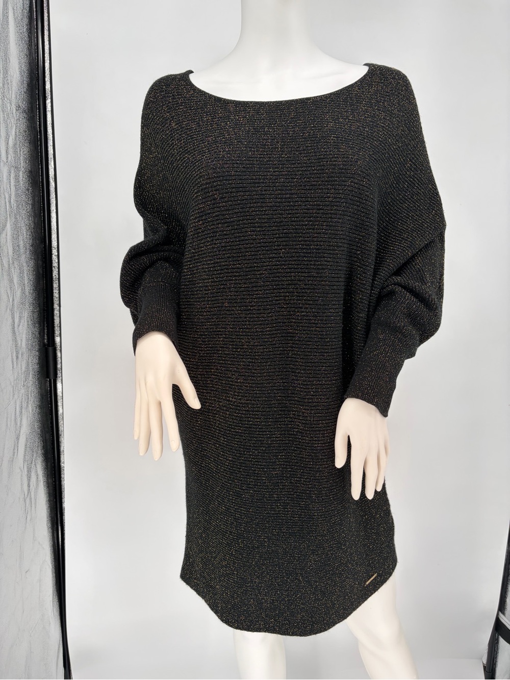 Ellen Tracy Black Metallic Juliet Sleeve Knit Sweater Dress
